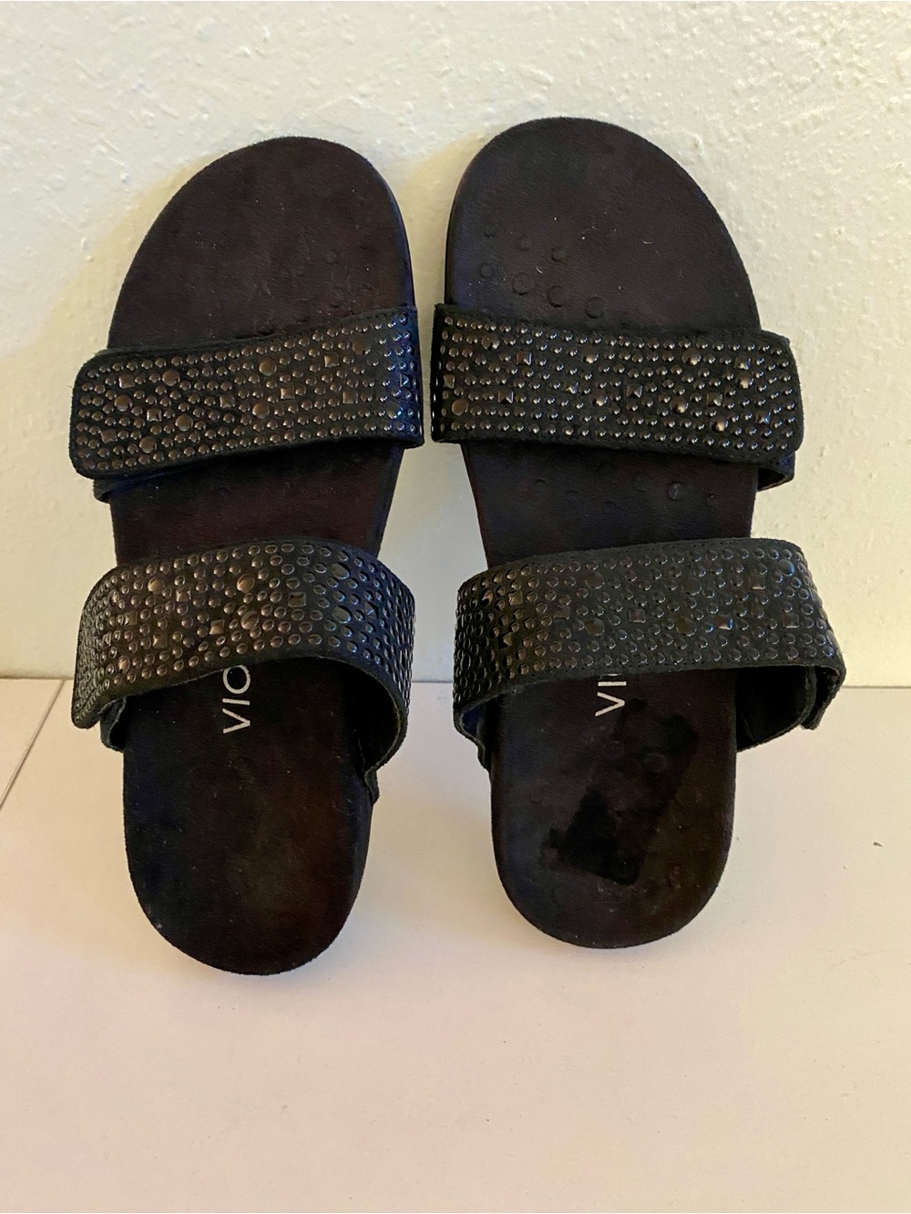 Vionic Samoa Black Double-Strap Studded Slide Sandals